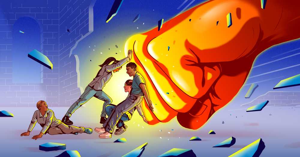 fist pushing against people